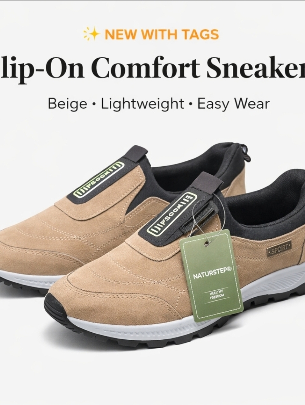 New NaturStep Slip-On Comfort Sneakers – Beige | Lightweight Casual Walking Shoe